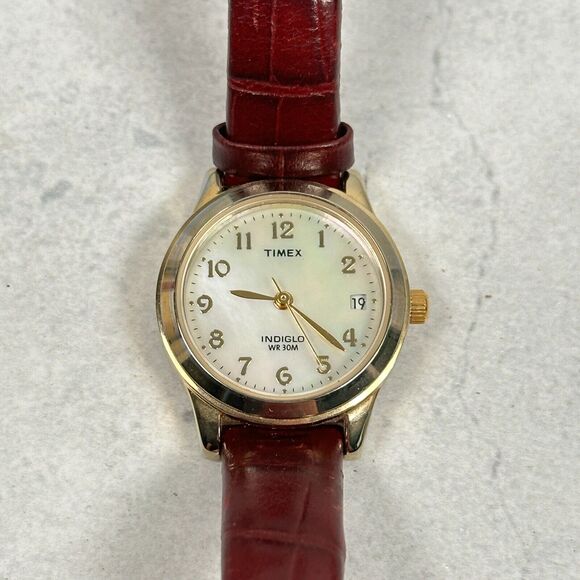 Timex Accessories - Timex Watch Womens 25mm Round MOP Dial Date Brown Band Gold Tone New Battery